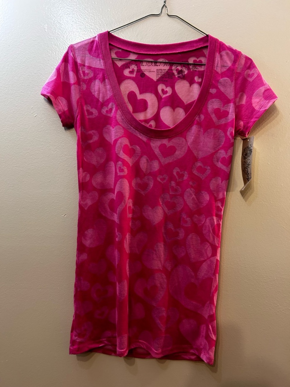 L.O.L. Vintage Pink Heart Print Scoop Neck Tee
